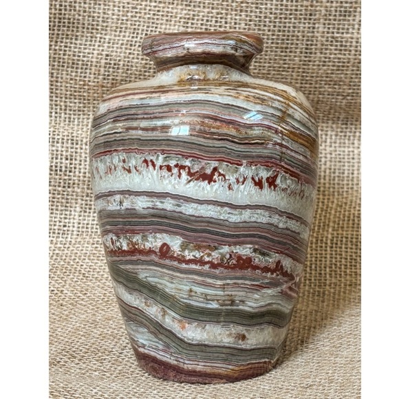 Polished Carved Onyx Marble Vase Earth Tones Rustic Cottage Core Heavyweight - Picture 3 of 7